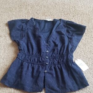 Time and Tru XS Navy Blue Blouse Eyelet Peplum Top Flutter Sleeve